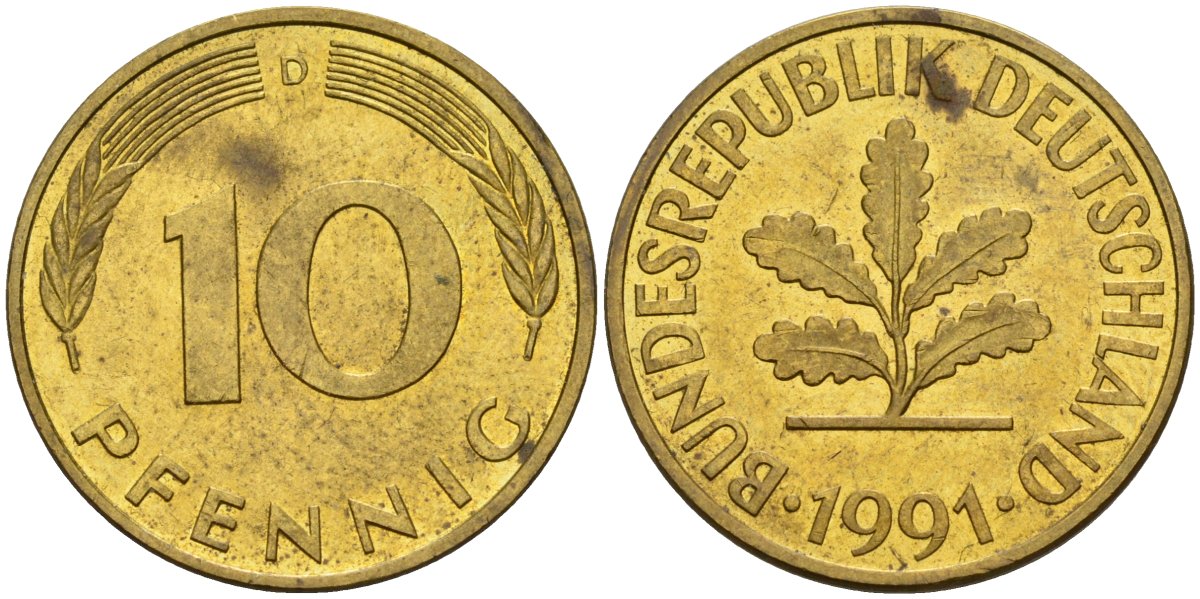 ФРГ 10 пфеннигов 1991 D KM 108, J. 383 сталь плакированная латунью 4175-1131