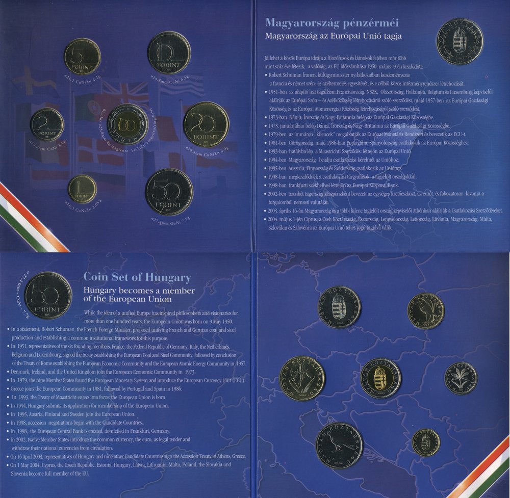 ВЕНГРИЯ ГОСНАБОР ИЗ 8 МОНЕТ 2004 ВСТУПЛЕНИЕ ВЕНГРИИ В ЕВРОСОЮЗ, ПАМЯТНЫЕ 50 ФОРИНТОВ С ГЕРБОМ ЕВРОСОЮЗА, В КАРТОННОМ БУКЛЕТЕ ВUNC 5-6-29