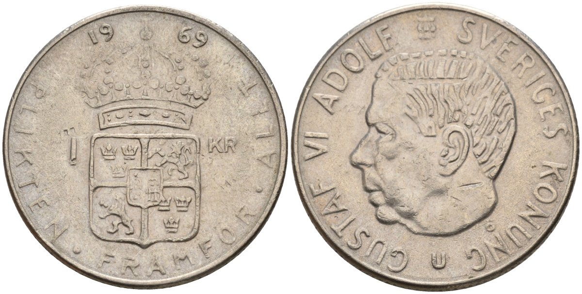 Швеция 1 крона 1969 U, Густав VI Адольф (1950-1973) KM 826a медь плакированный медно-никелем 4150-246