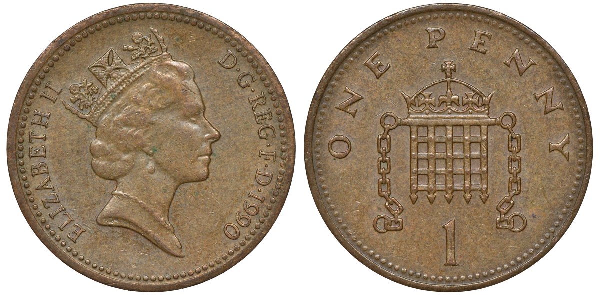 Великобритания 1 пенни 1990 Елизавета II (1952-2022) KM 935, Spink 4381 (B3) бронза 72-1164