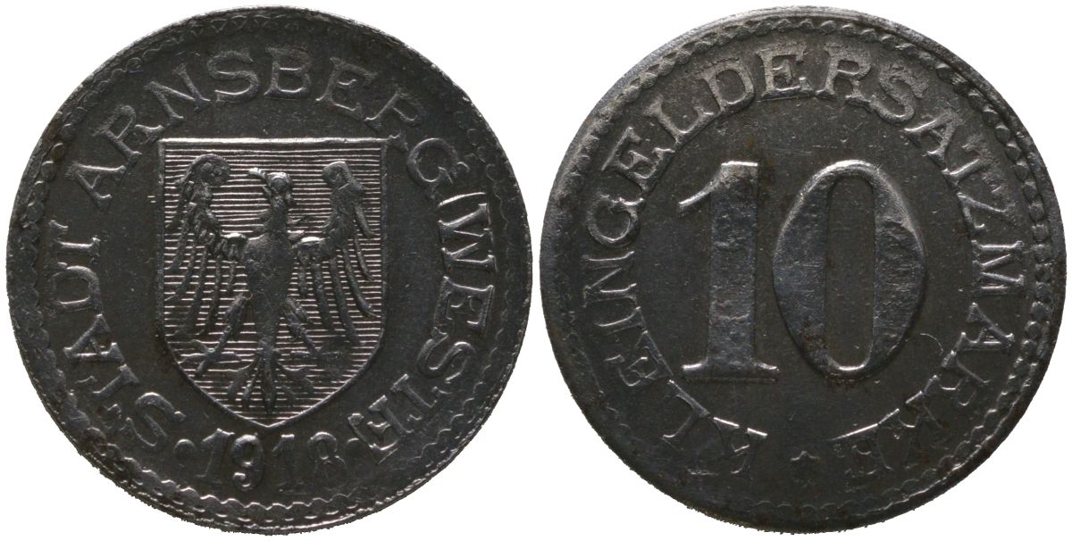 Арнсберг (Пруссия,Вестфалия) 10 пфенингов 1918 Funck 19.5, Men05 678.8, Men18 920.8 железо 4525-933