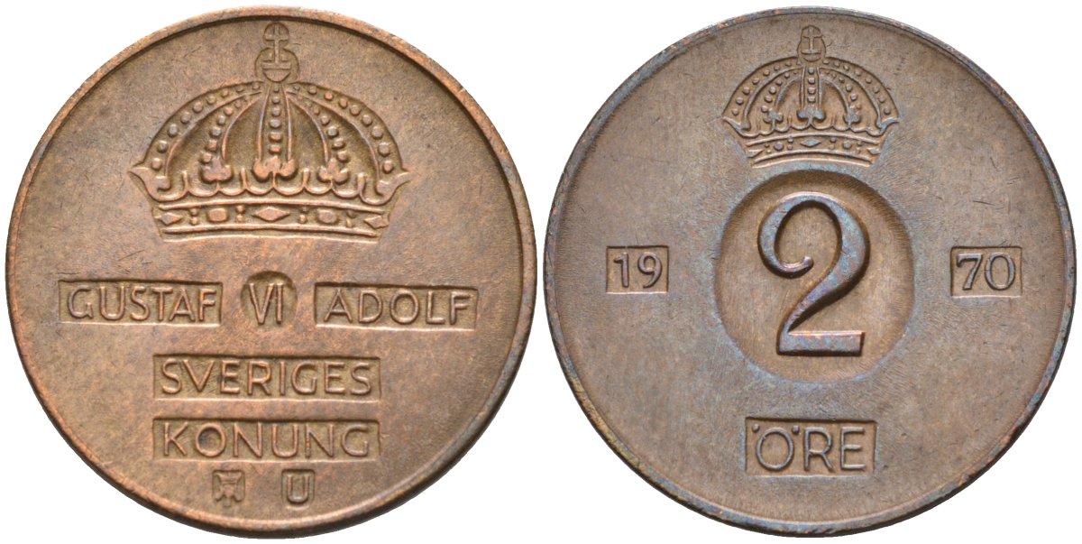 Швеция 2 эре 1970 Густав VI Адольф (1950-1973) KM 821 бронза 4582-611