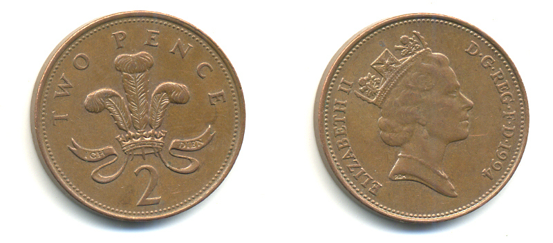 Великобритания 2 пенса 1994 Елизавета II (1952-2022) KM 936а, Spink 4386 (C4) сталь плакированная медью 177-836