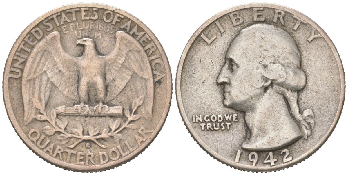США 25 центов = квотер = 1/4 доллара 1942 S, Джордж Вашингтон KM 164 серебро 190-1211