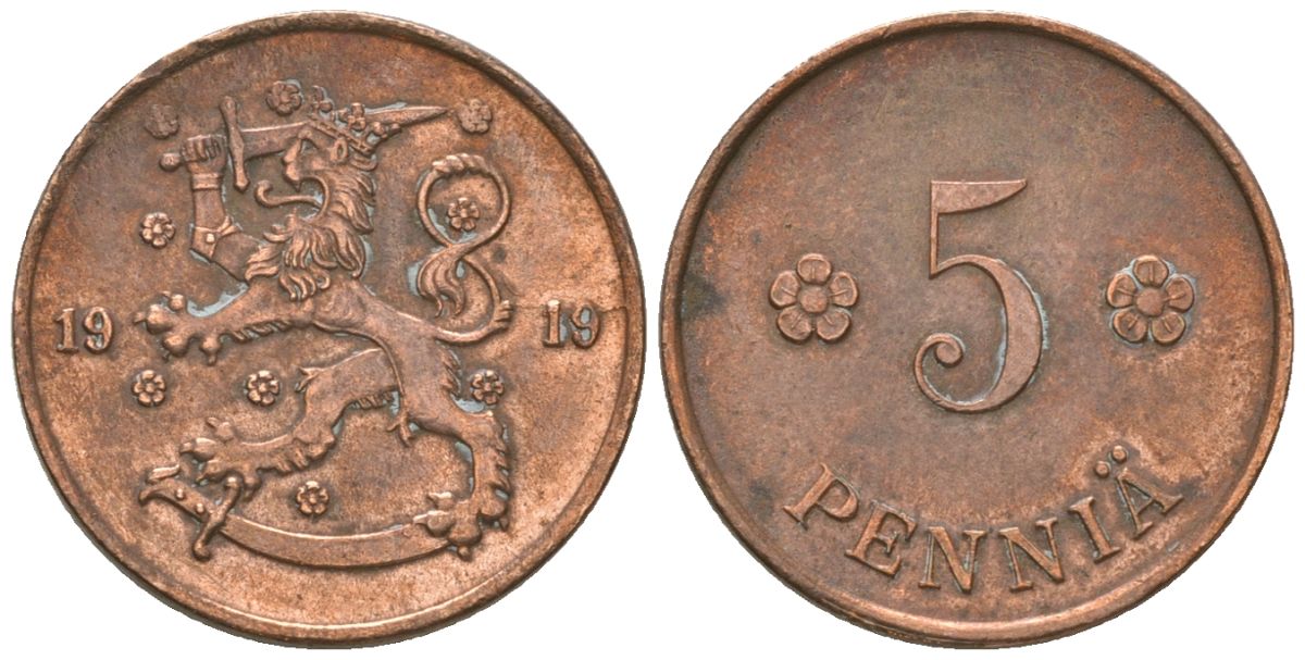 Финляндия 5 пенни 1919 KM 22 медь 4174-345