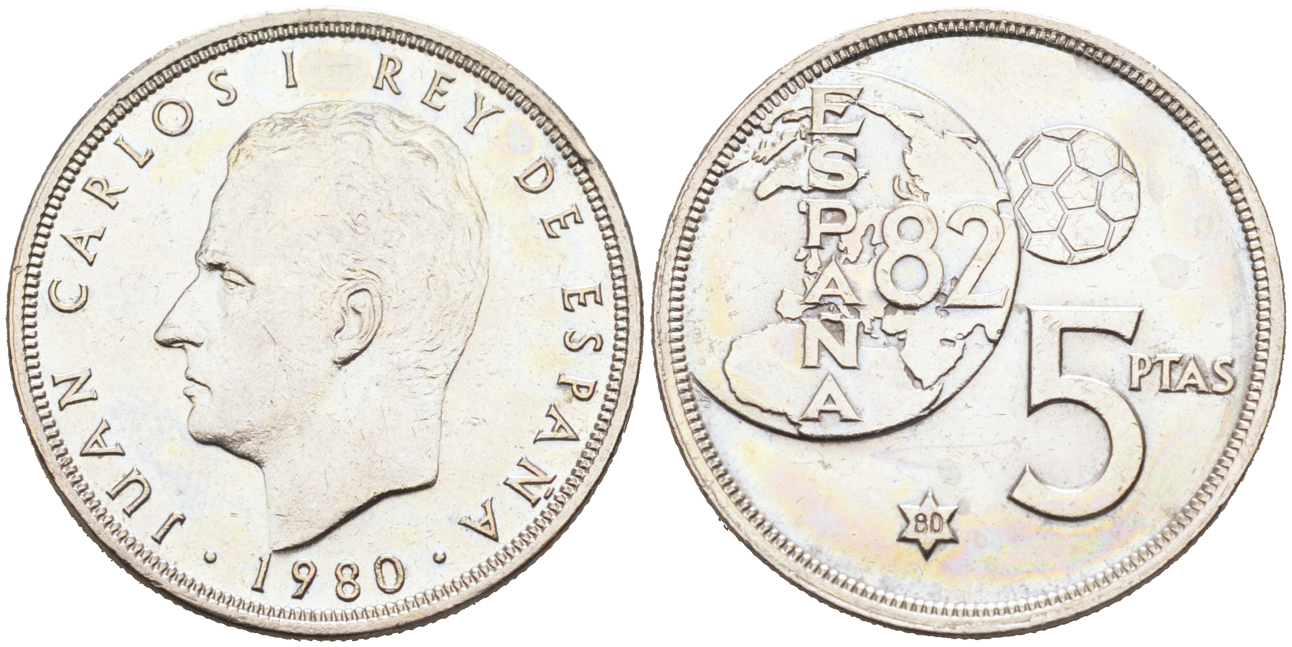 Испания 5 песет 1980 (80), Хуан Карлос , чемпионат мира по футболу, Испания 1982 KM 817 медно-никель 4589-524