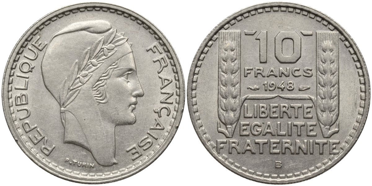 Франция 10 франков 1948 В, тип Пьер Турин KM 909.2, Le Franc 362.4 медно-никель 4171-216