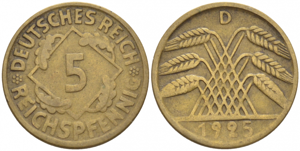 ГЕРМАНИЯ 5 РЕЙХСПФЕННИГОВ 1925 D, KM 39, J. 316 алюминиевая бронза 4396-1627