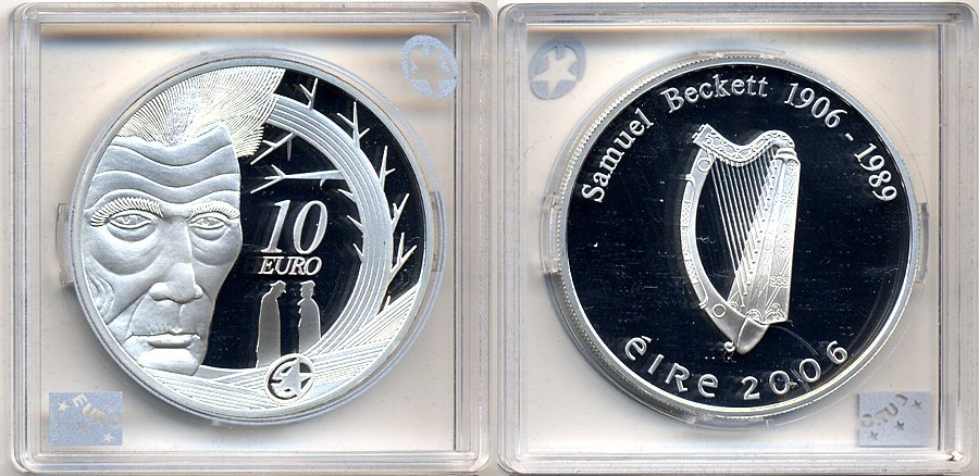 Ирландия 10 евро 2006 100 лет со дня рождения Сэмюэля Беккета, писатель, драматург, нобелевский лауреат KM 45 серебро PROOF 5-3-1-46