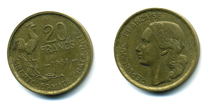ФРАНЦИЯ 20 ФРАНКОВ 1951 ПЕТУХ, 4 ПЕРА KM 917.1, LE FRANC 402.7 алюминивая бронза 25-2437