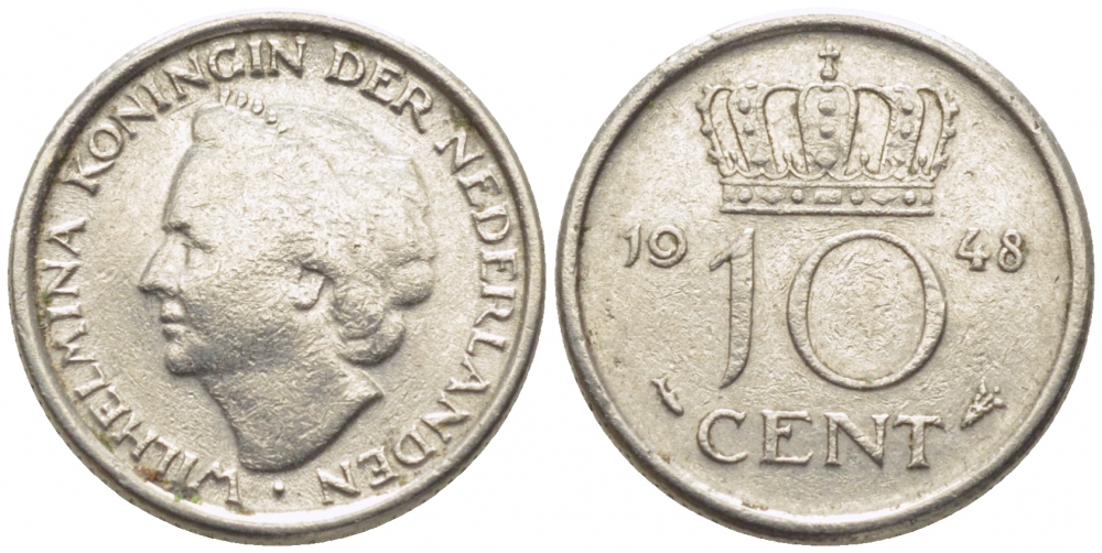 Нидерланды 10 центов 1948 Вильгельмина (1895-1948) KM 177 никель 112-259