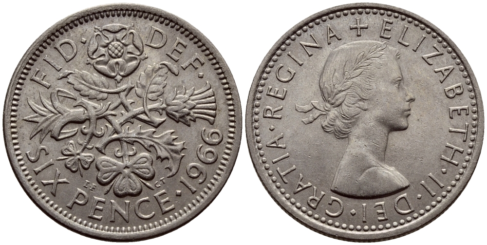 Великобритания 6 пенсов 1966 Елизавета II (1952-2022) KM 903, Spink 4149 медно-никель 75-916