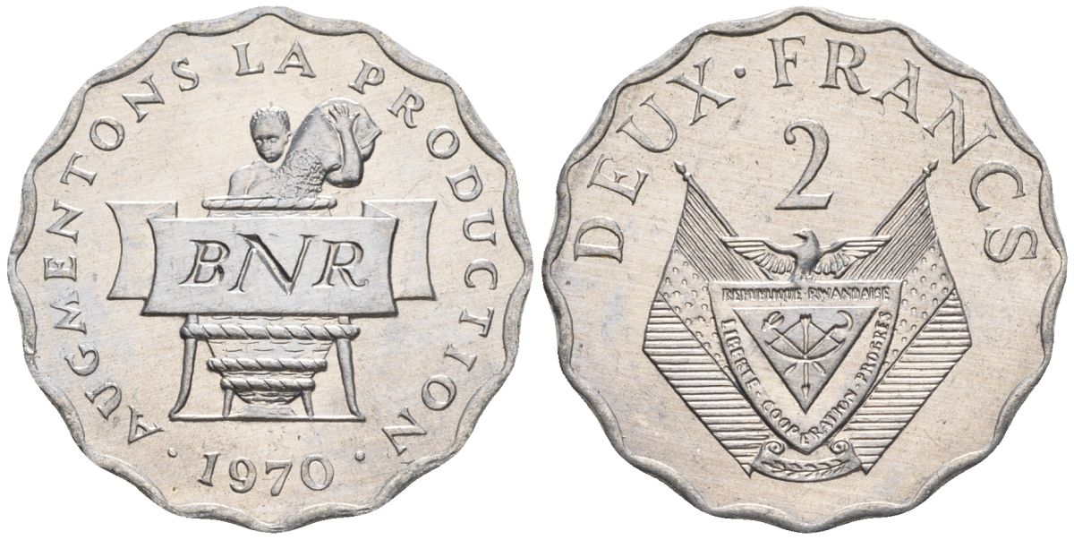 Руанда 2 франка 1970 FAO KM 10 алюминий  UNC  4610-421