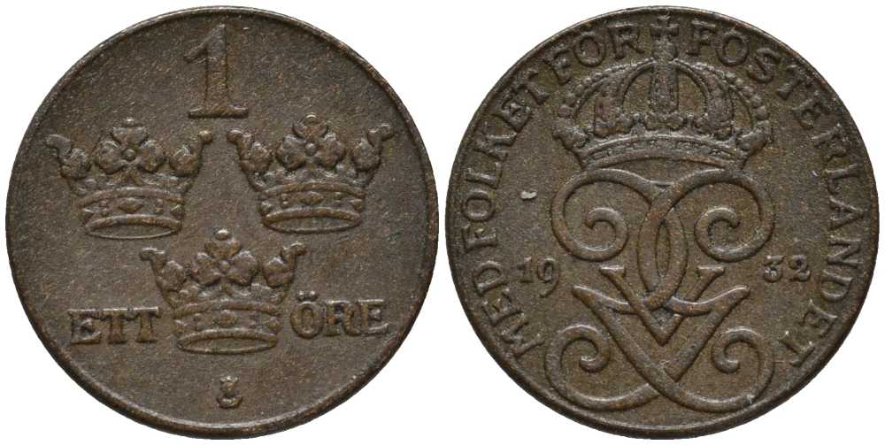 Швеция 1 эре 1932 Густав V (1907-1950) KM 777.2 бронза 201-1129