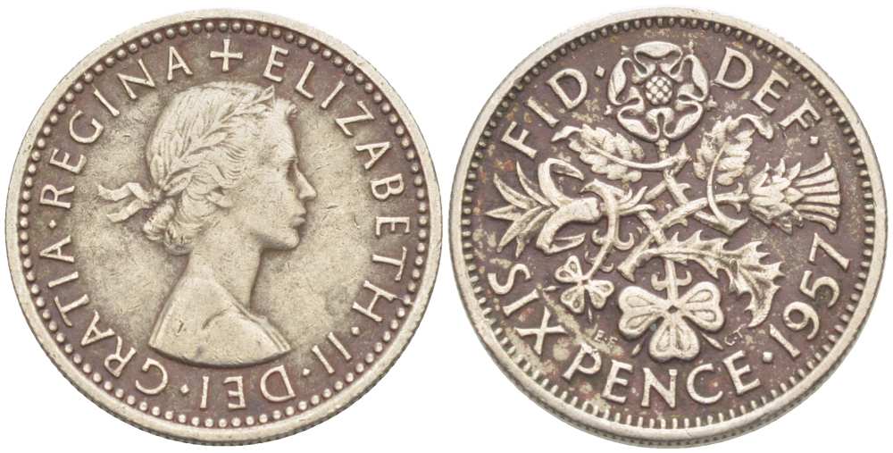 Великобритания 6 пенсов 1957 Елизавета II (1952-2022) KM 903, Spink 4149 медно-никель 217-945
