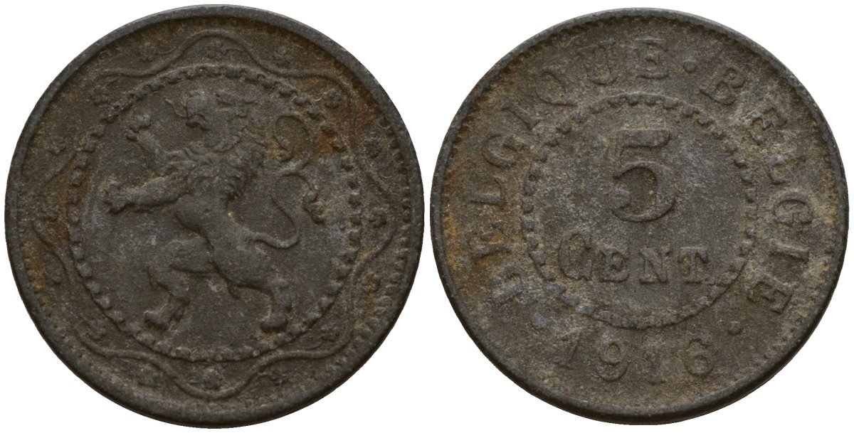 Бельгия 5 сантимов 1916 германская оккупация Первая мировая война, Альберт I (1910-1934) KM 80 цинк 4147-211