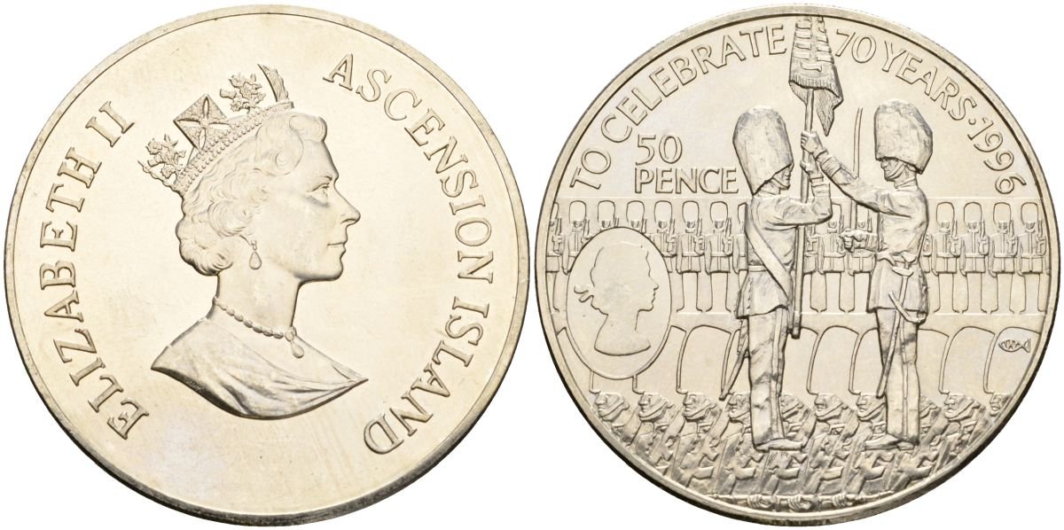 Остров Вознесения 50 пенсов 1996 70 лет со дня рождения Королевы Елизаветы II KM 8 медно-никель UNC 3897-915