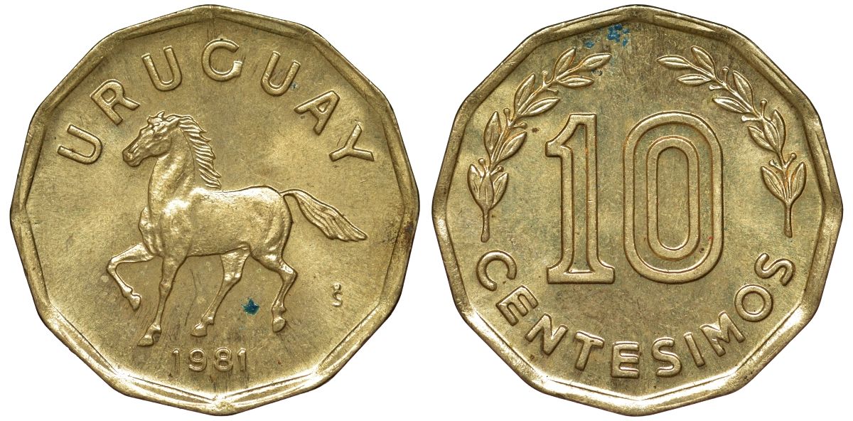 Уругвай 10 сентесимо 1981 KM 66 алюминиевая бронза 4169-527