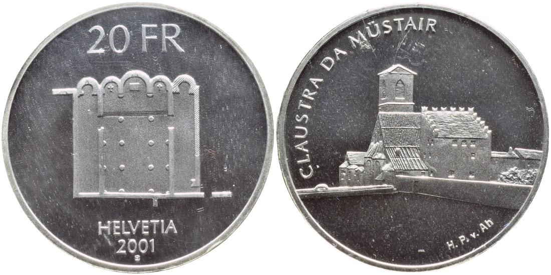 Швейцария 20 франков 2001 В, монастырь Монсеррат, в запайке KM 93 серебро PROOF 1524-1012