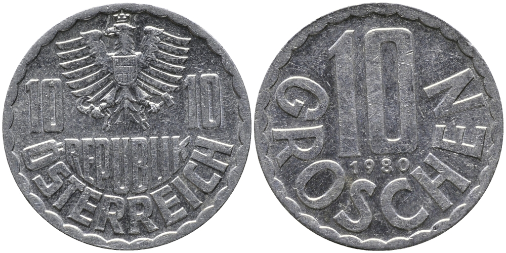 АВСТРИЯ 10 ГРОШЕЙ 1980 KM 2878 алюминий 33-344