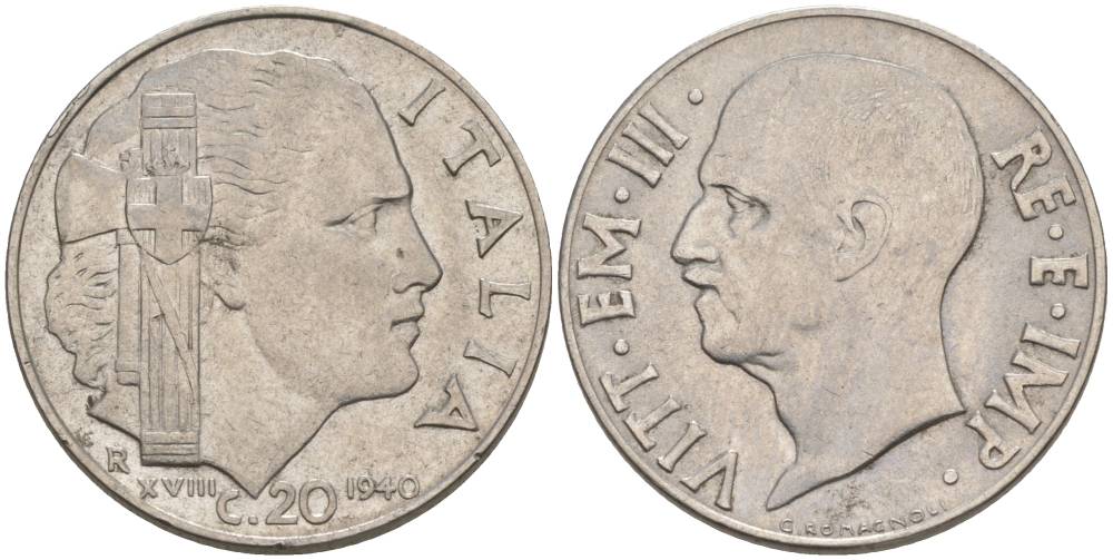 ИТАЛИЯ 20 ЧЕНТЕЗИМО 1940 R, ГОД XVIII, ВИКТОР ЭММАНУИЛ III (1900-1946), СЛАБО МАГНИТНАЯ, ГУРТ РИФЛЁНЫЙ KM 75d, VEM3. 1026a) нержавеющая сталь 3853-536