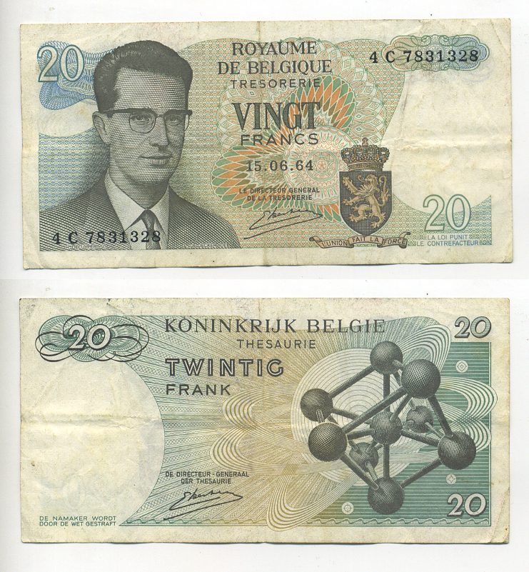 Бельгия 20 франков 1964 Бодуэн I, атомиум, Kestens Pick 138 (3) бумага 6280-66-1-2