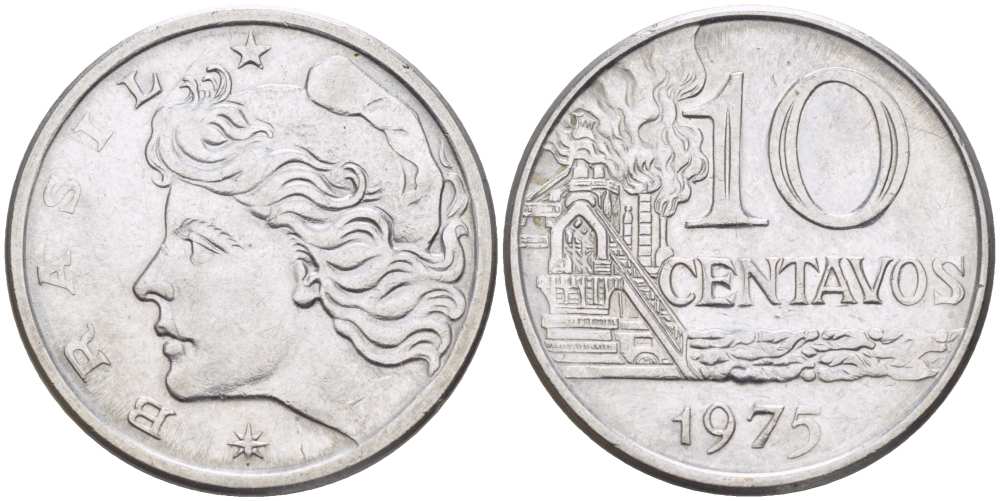 БРАЗИЛИЯ 10 СЕНТАВО 1975 РЕФОРМА (1967-1985), ГОЛОВА СВОБОДЫ ВЛЕВО KM 578.1а нержавеющая сталь 4514-747