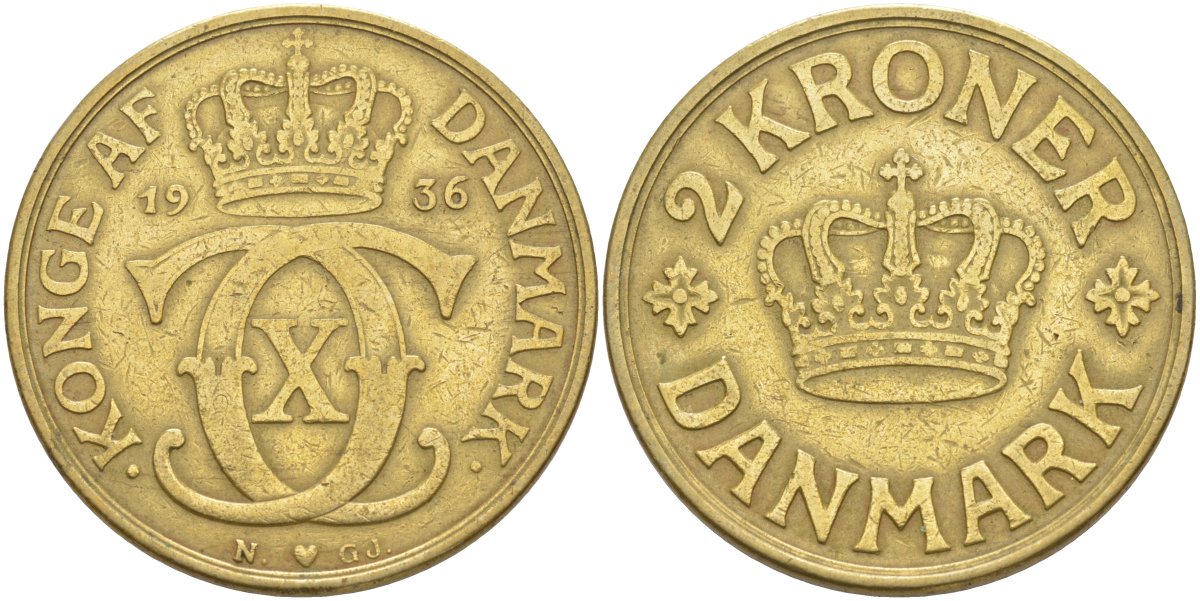 Дания 2 кроны 1936 N; GJ, Кристиан X (1912-1947) KM 825.2 алюминиевая бронза 4111-436