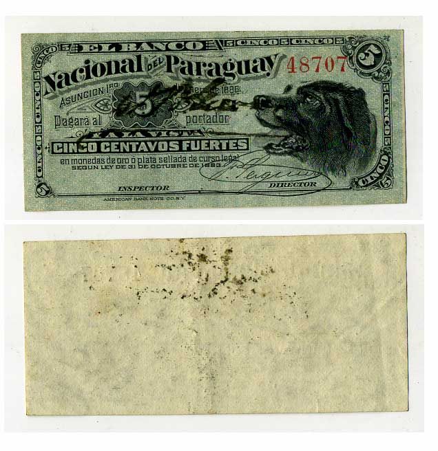Парагвай, Banco Nacional Del Paraguay 5 сентаво 1886 голова собаки Pick S141 бумага  451-62-1