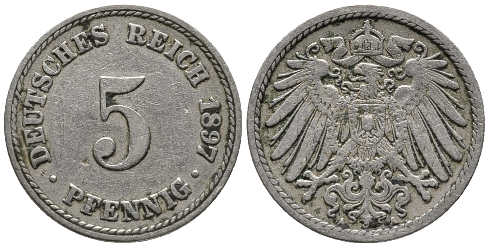 ГЕРМАНИЯ 5 ПФЕННИГОВ 1897 A KM 11, J. 12 медно-никель 39-724