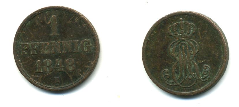 Ганновер 1 пфенниг 1848 B, Эрнст Август (1837-1851) KM 201.1, AKS 129, J. 74 медь 36-1122
