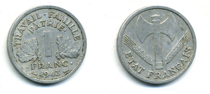 ФРАНЦИЯ 1 ФРАНК 1943 LB, ТИП LEGERE, ПРАВИТЕЛЬСТВО ВИШИ KM 902.1, LE FRANC 223.3 алюминий 84-242