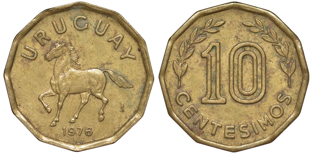 Уругвай 10 сентесимо 1976 KM 66 алюминиевая бронза 4164-723