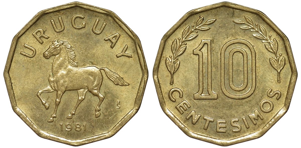 Уругвай 10 сентесимо 1981 KM 66 алюминиевая бронза 4169-513