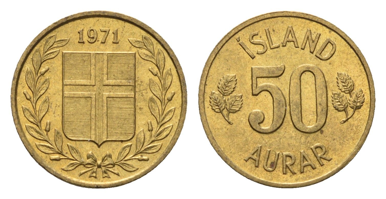 Исландия 50 эйре 1971 KM 17 никель латунь UNC 4696-354
