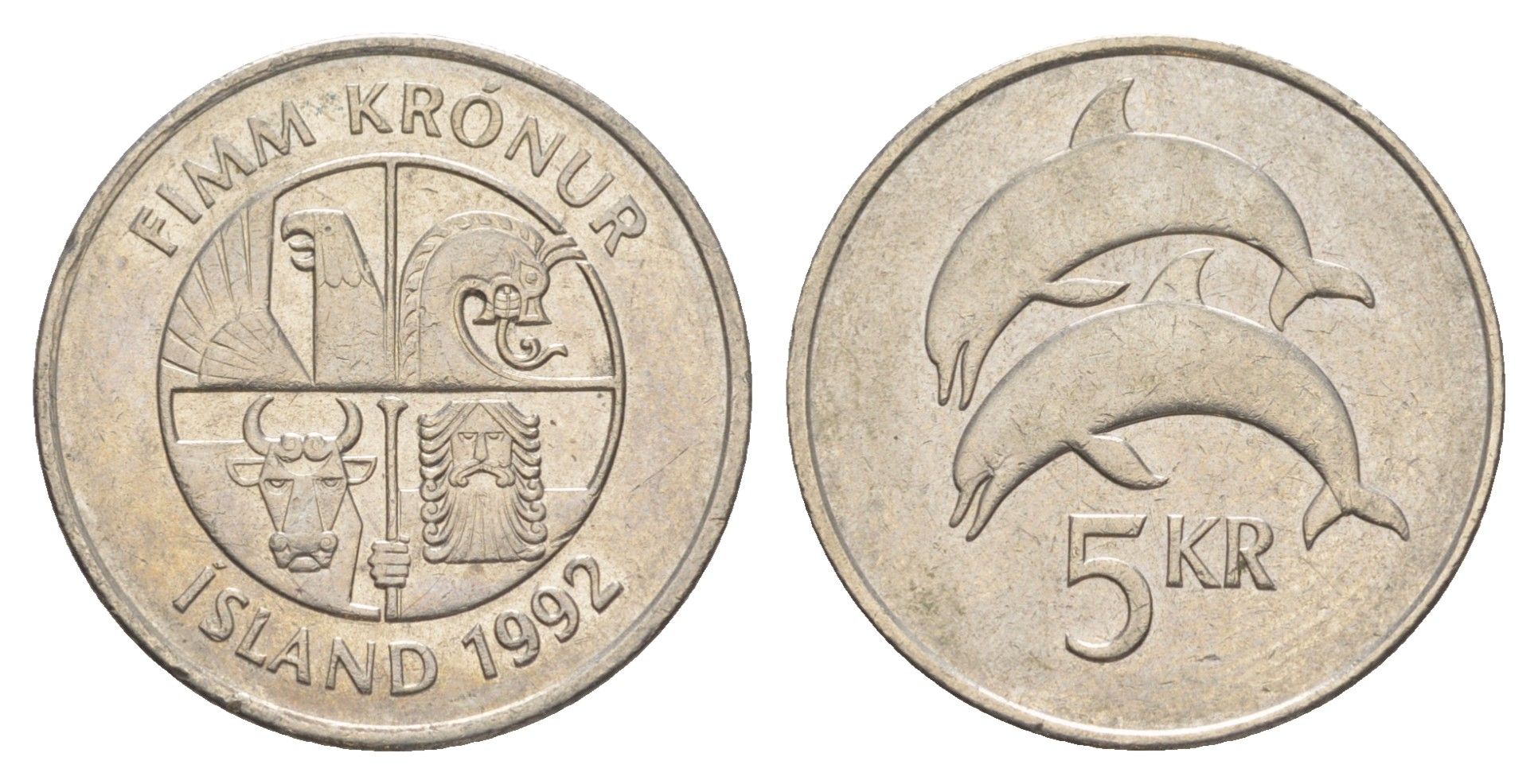 Исландия 5 крон 1992 дельфины KM 28 медно-никель 4523-347