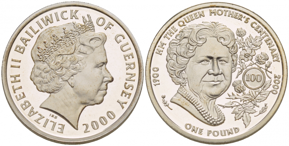 Гернси 1 фунт 2000 100 лет Елизавете, королеве матери KM 99 серебро PROOF 1085-5-21