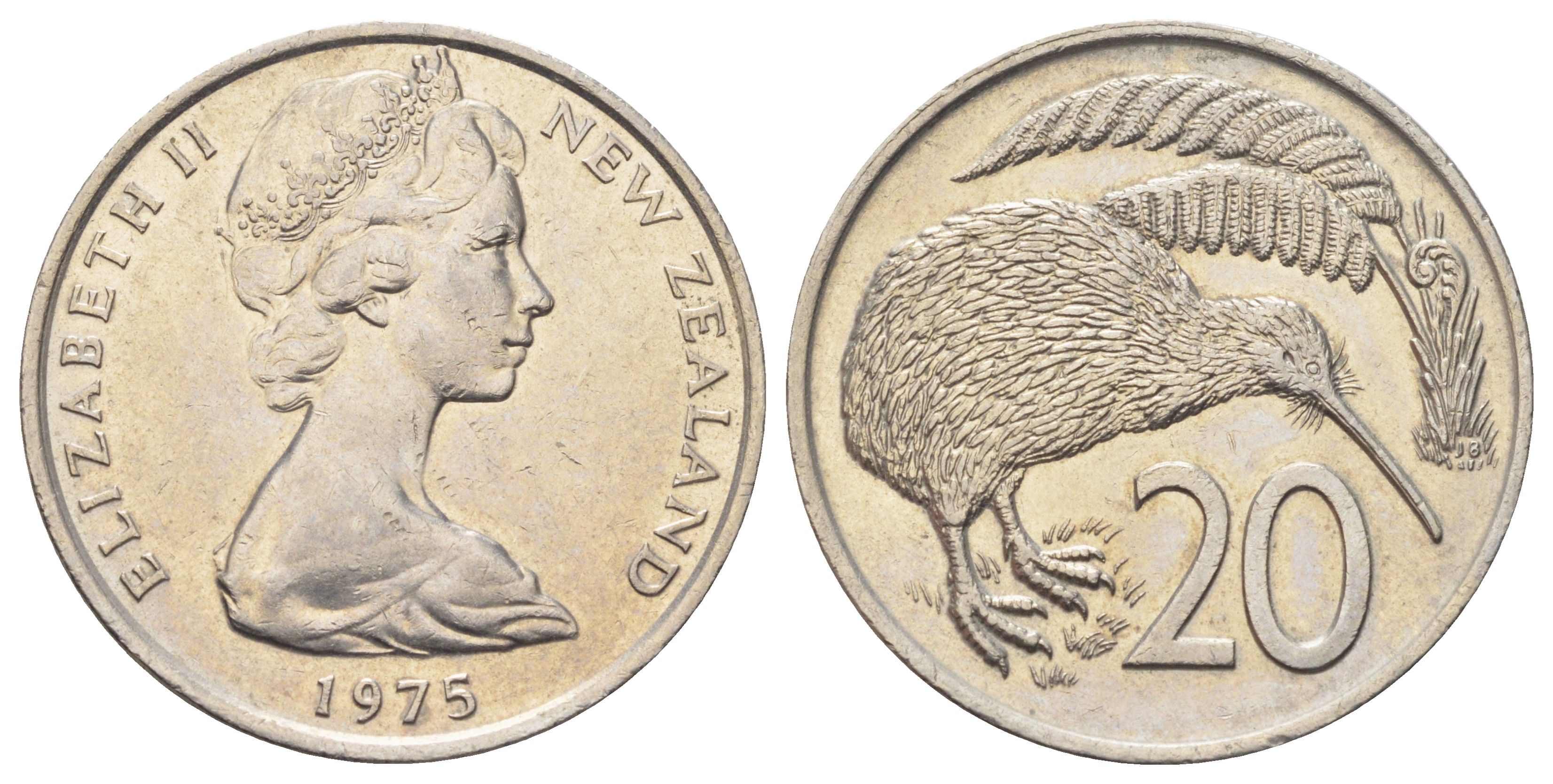 Новая Зеландия 20 центов 1975 Елизавета II (1952-2022), птичка киви KM 36 медно-никель 4699-1115