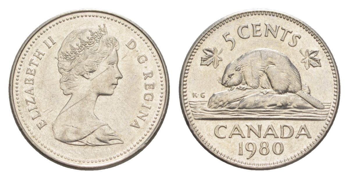 Канада 5 центов 1980 бобр, Елизавета II KM 60.2 никель 4627-1165