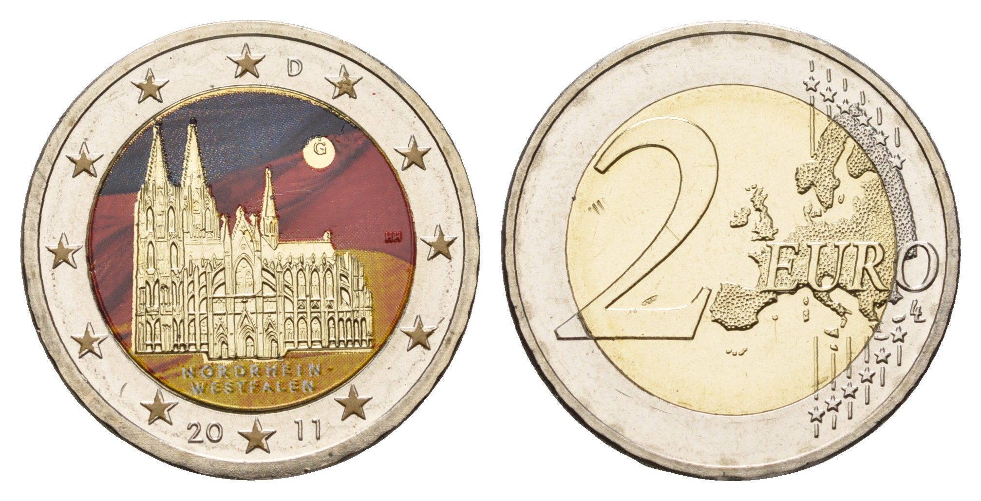 Германия 2 евро 2011 G, серия федеральные земли, Северный Рейн-Вестфалия, Кельнский собор, цветное покрытие KM 293 биметалл UNC 1084-7-72