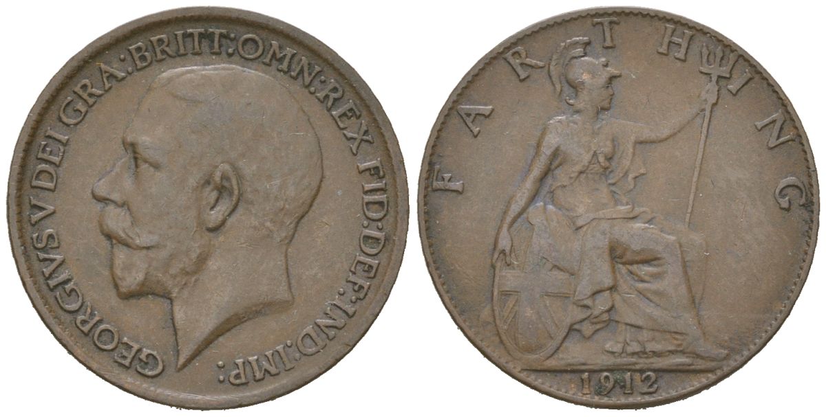 Великобритания 1 фартинг 1912 Георг V (1910-1936) KM 808.1, Spink 4059 бронза 4617-851