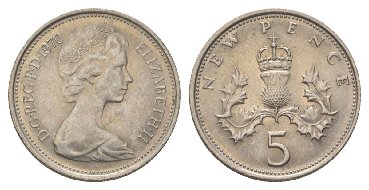 Великобритания 5 пенсов 1970 Елизавета II (1952-2022) KM 911, Spink 4233 (D1) медно-никель aUNC 4628-815