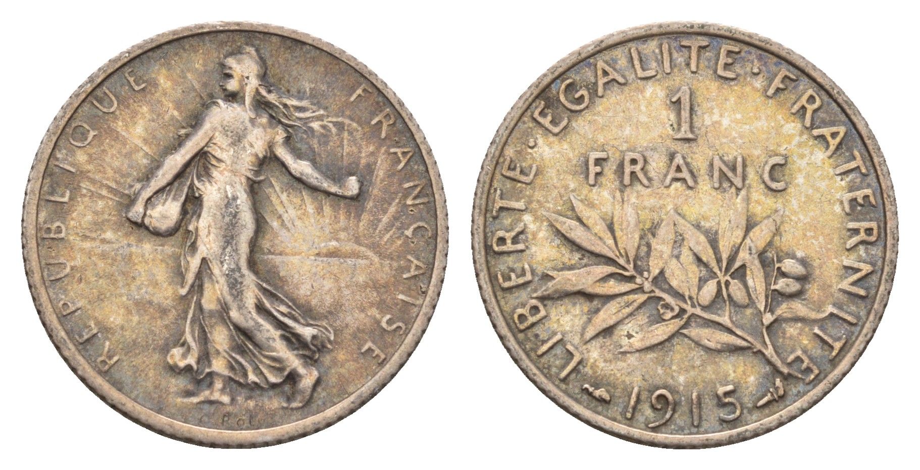 Франция 1 франк 1915 KM 844 серебро 93-116