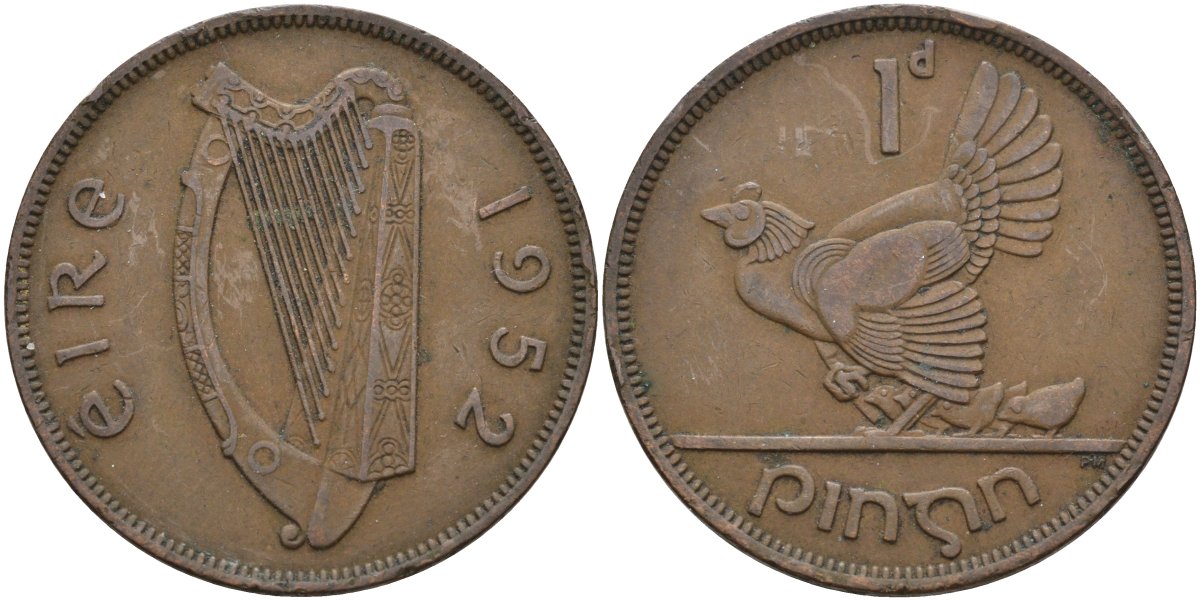 Ирландия 1 пенни 1952 курица с цыплятами KM 11 бронза 4137-723