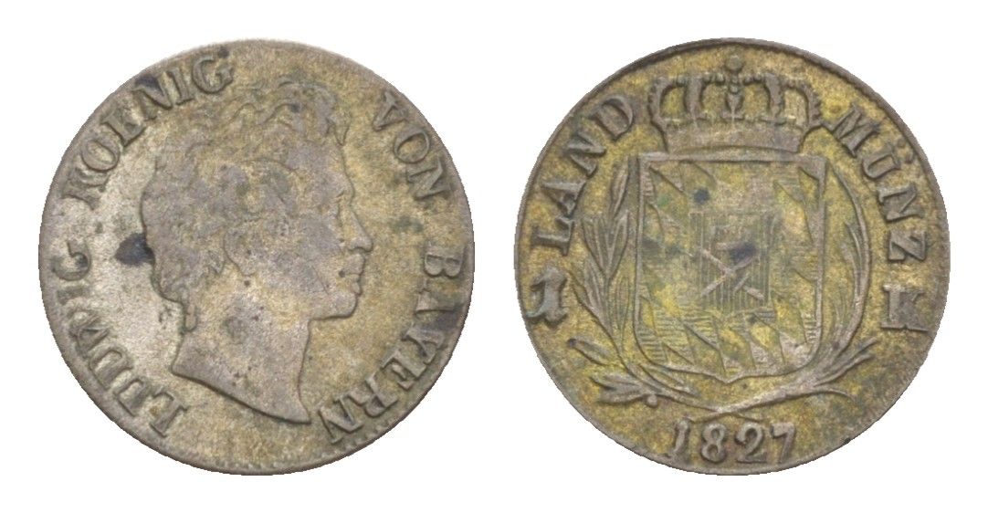 Бавария 1 крейцер 1827 Людвиг I (1825-1848) KM 727 серебро 3896-435