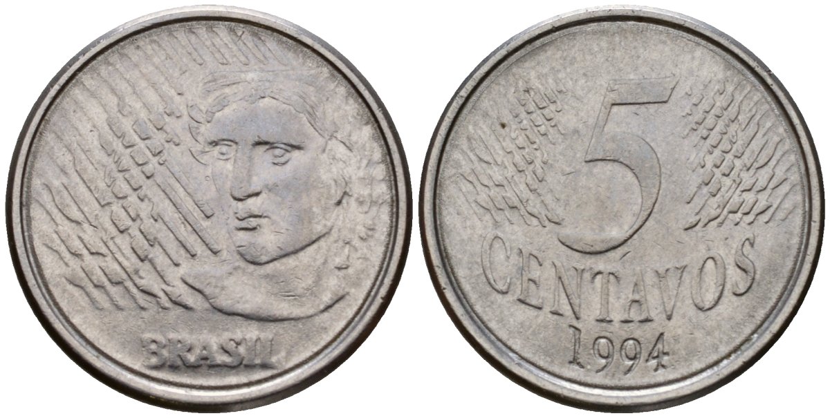 Бразилия 5 сентаво 1997 реформа 1994-, голова свободы влево KM 632 нержавеющая сталь 217-1236
