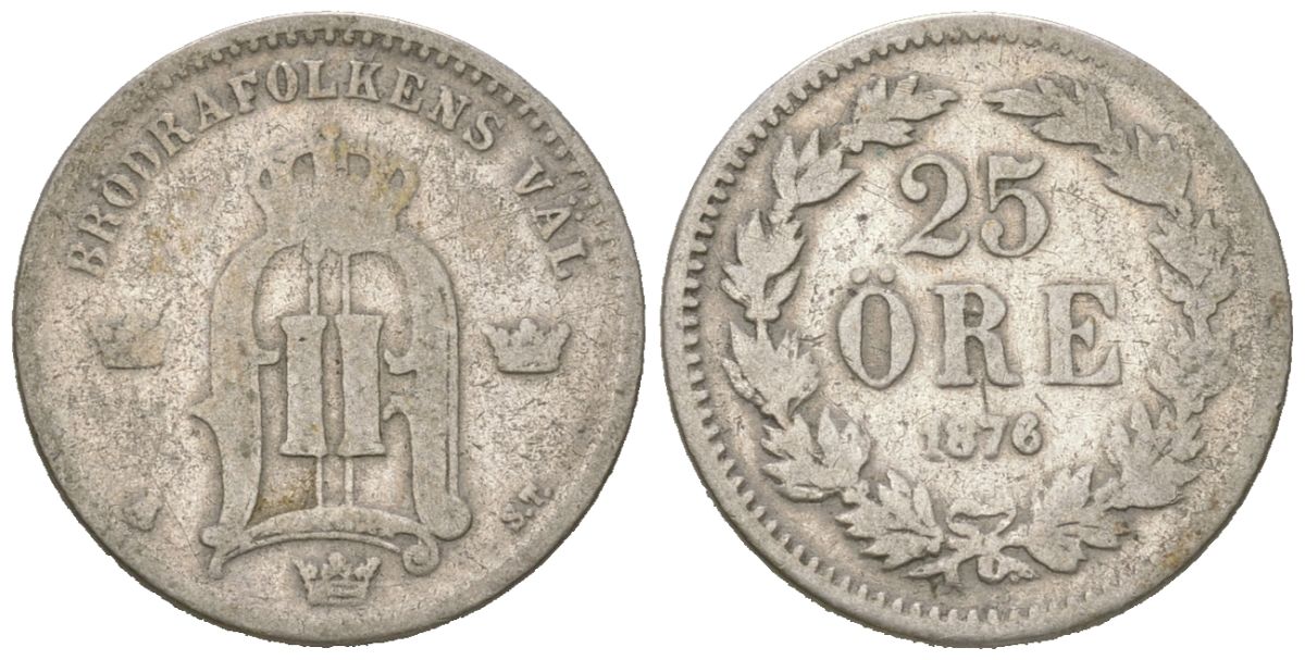 Швеция 25 эре 1876 ST, Оскар II (1872-1907) KM 738 серебро 4611-368