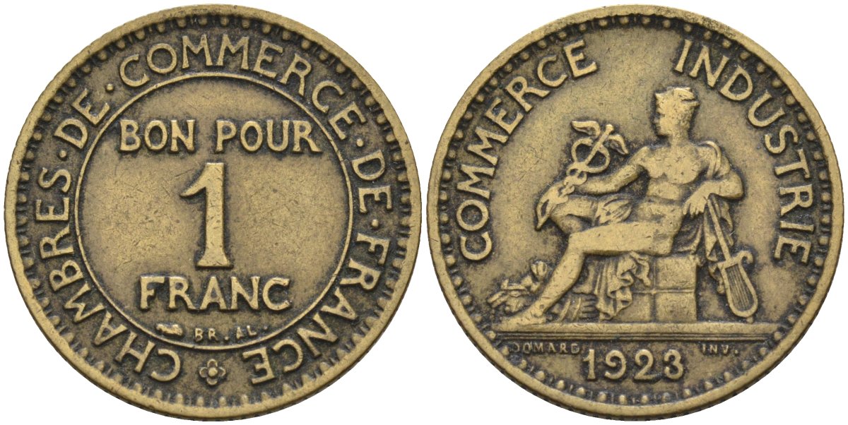 Франция 1 франк 1923 KM 876, Le Franc 218.5 алюминиевая бронза 4591-1053