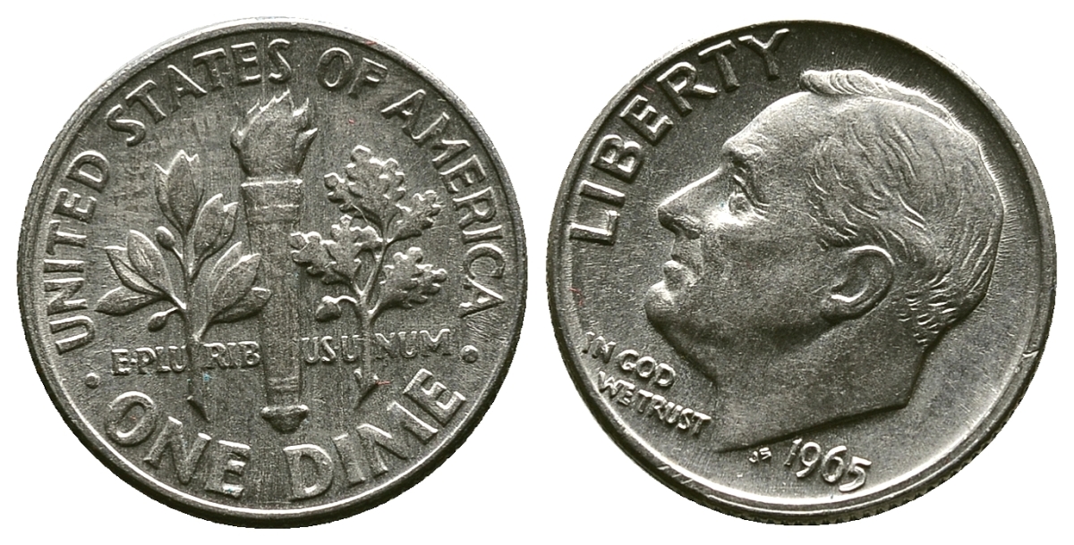 США 10 ЦЕНТОВ = 1 ДАЙМ 1965 РУЗВЕЛЬТ KM 195a медь плакированная медно-никелем 4383-464