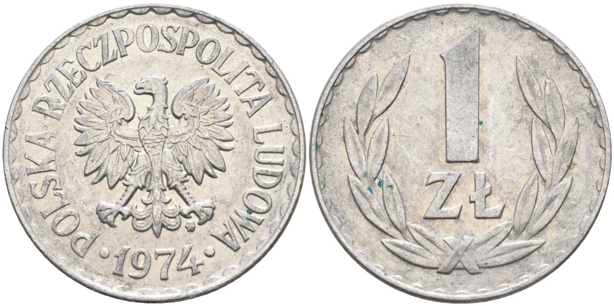 Польша 1 злотый 1974 MW, Народная Республика KM 49.1, Parchimowicz 213k алюминий 3336-757